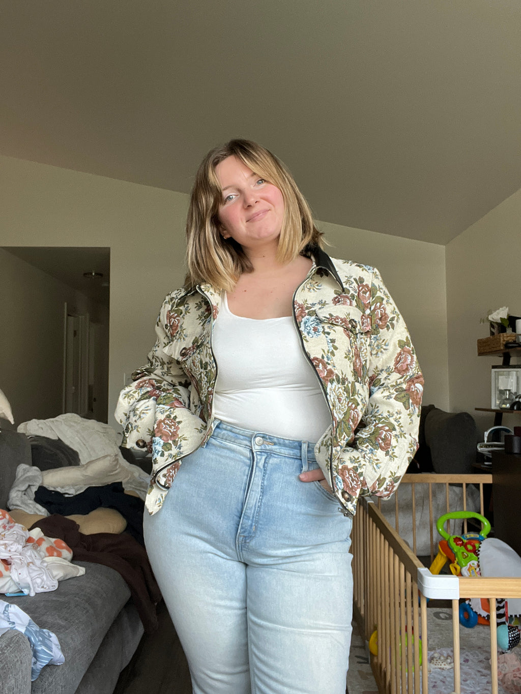 Floral Zip-Up Contrast Collared Jacket