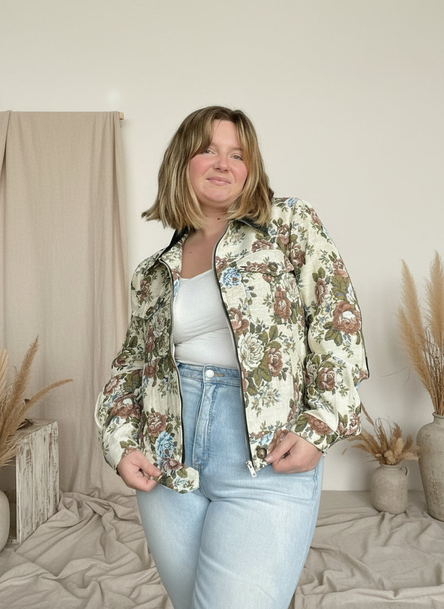 Floral Zip-Up Contrast Collared Jacket